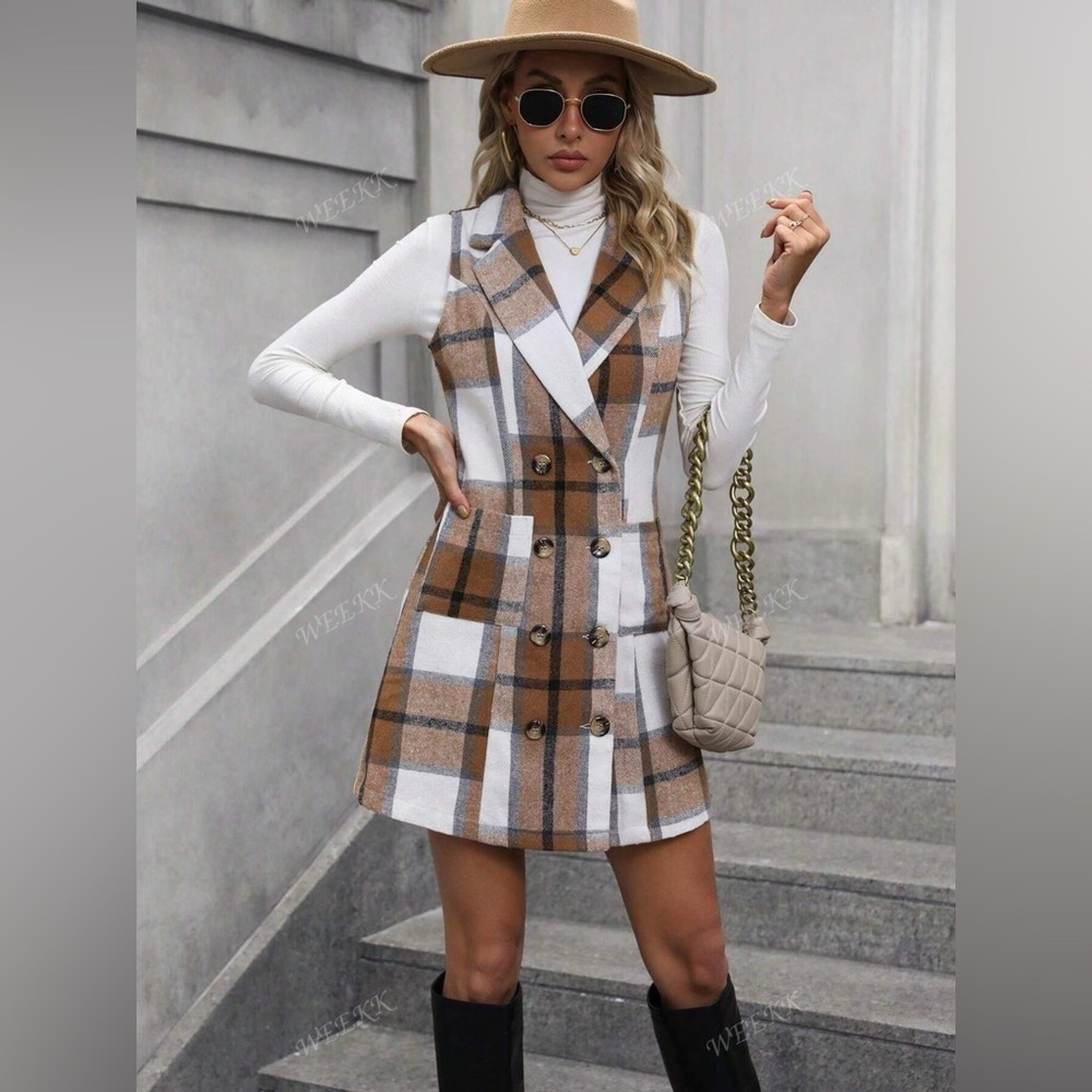 Plaid Double-Breasted Sleeveless Blazer Dress - Picture 14 of 14